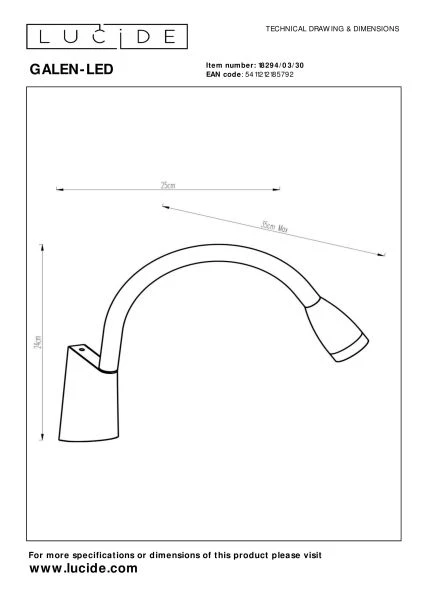Lucide GALEN-LED - Lámpara de cabecera / Lámpara de pared - LED - 1x3W 3000K - Negro - técnico
